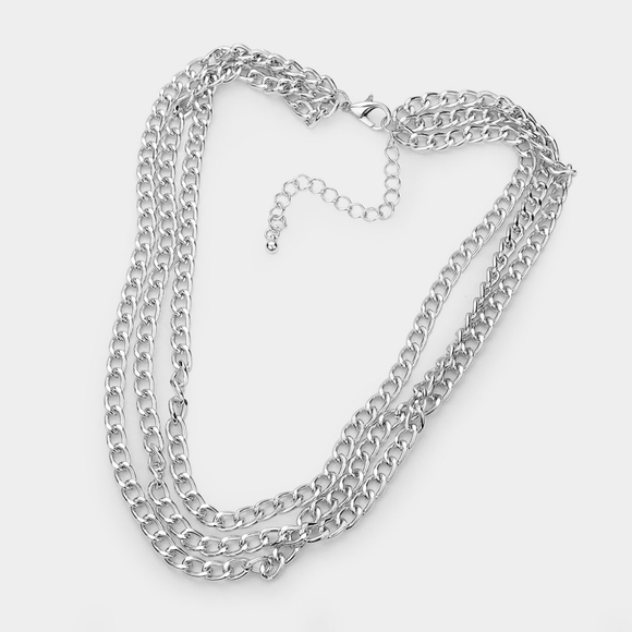 Silver Triple Layered Necklace Chain Simple Chic Casual Metal Link Jewelry Set - Picture 2 of 2